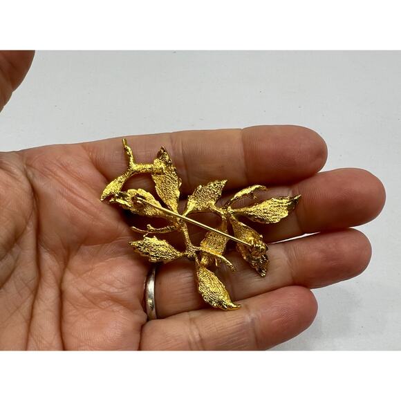 Vintage Brooch Gold Tone Orange Fall Leaves Branch Pin Estate Jewelry Dainty - Picture 3 of 6